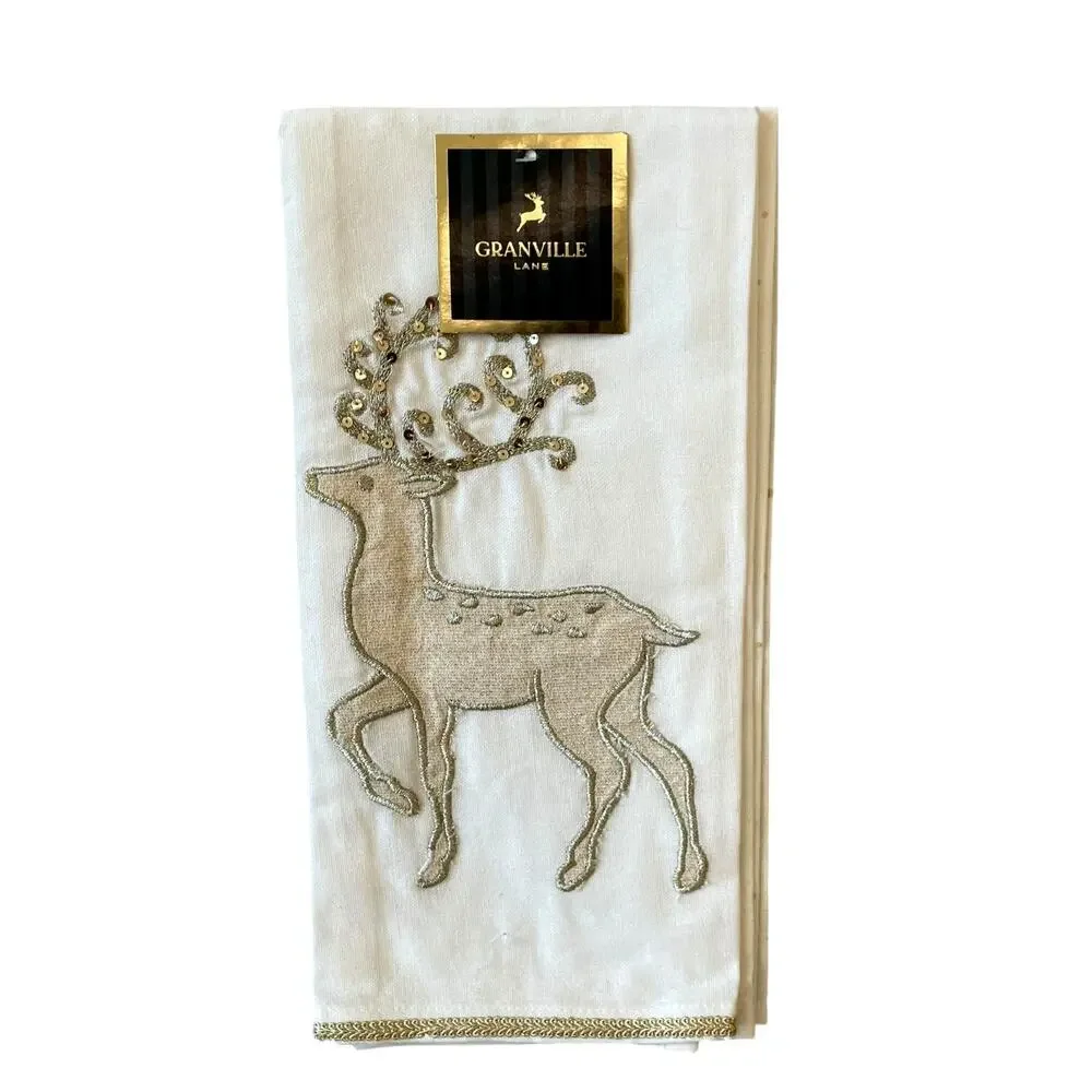 Granville Lane Embroidered Reindeer Cotton Kitchen Towels 20x28 White Gold 2pc